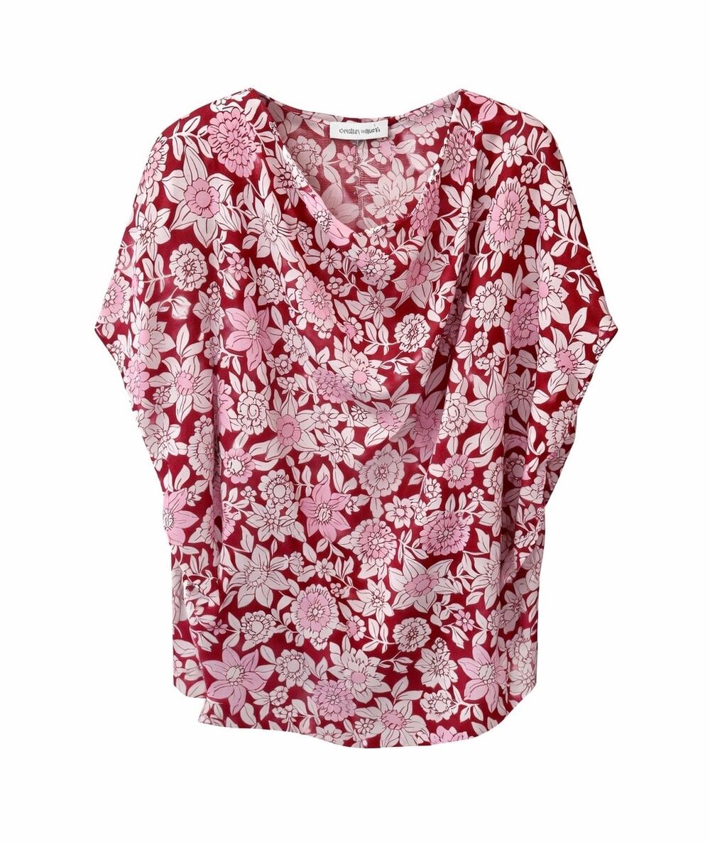 CHRISTIAN WIJNANTS Silk Blend Floral Blouse Pink Red Designer Draped Neck Luxury